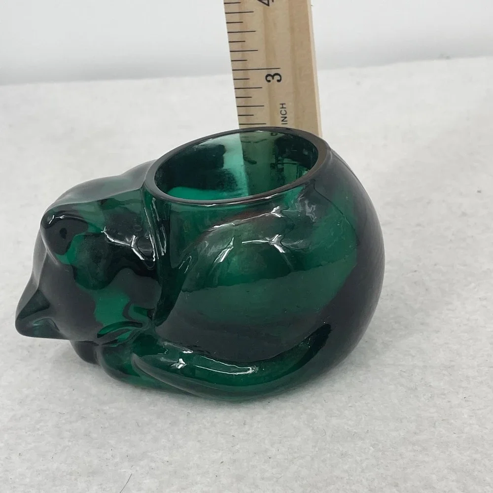 Indiana Glass Evergreen Cat Votive Holder Emerald Green Sleeping Kitten 3865